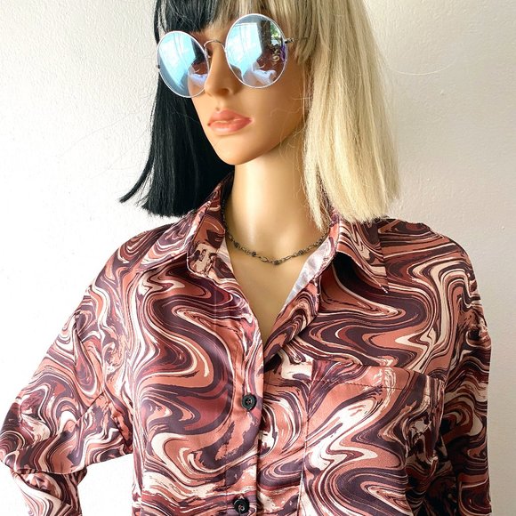 Swirl Print Button Up Blouse | Silky Blouse | Psychedelic Shirt | Funky Blouse S - Picture 5 of 9
